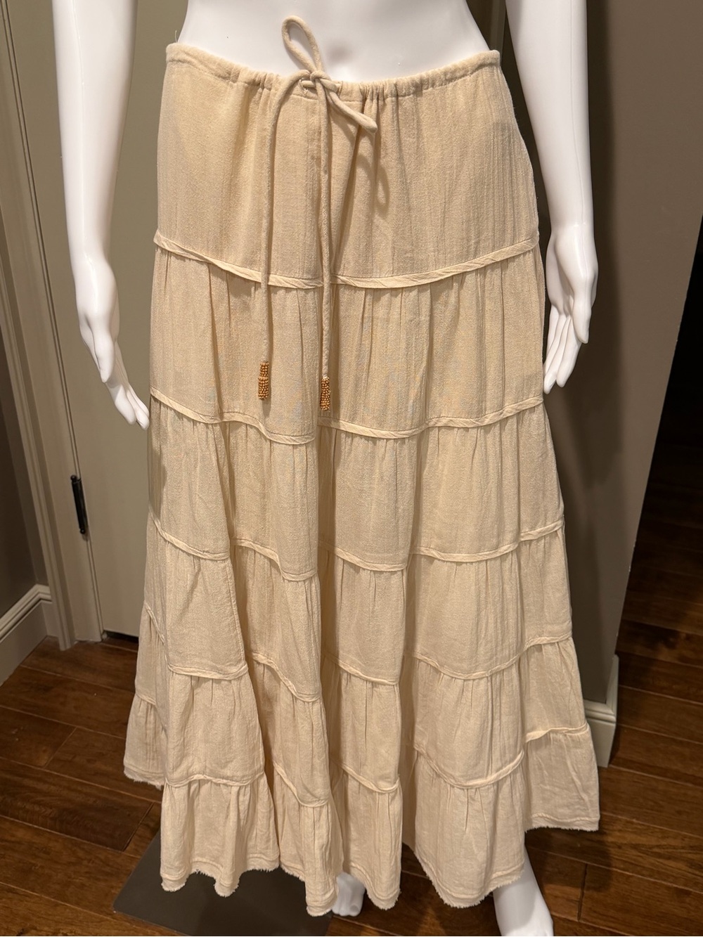 Free People Tiered Maxi Skirt XS Cream Ivory Boho Drawstring Beaded
